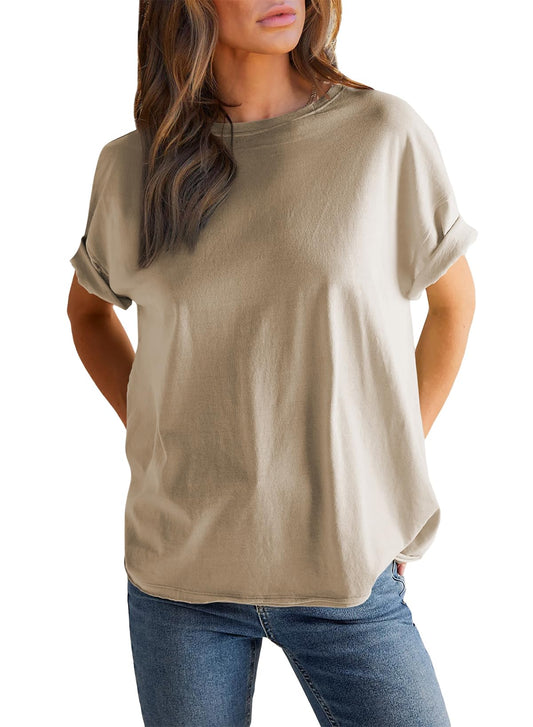 Einfarbiges Damen-Rundhals-Kurzarm-T-Shirt (2 kaufen, kostenloser Versand)