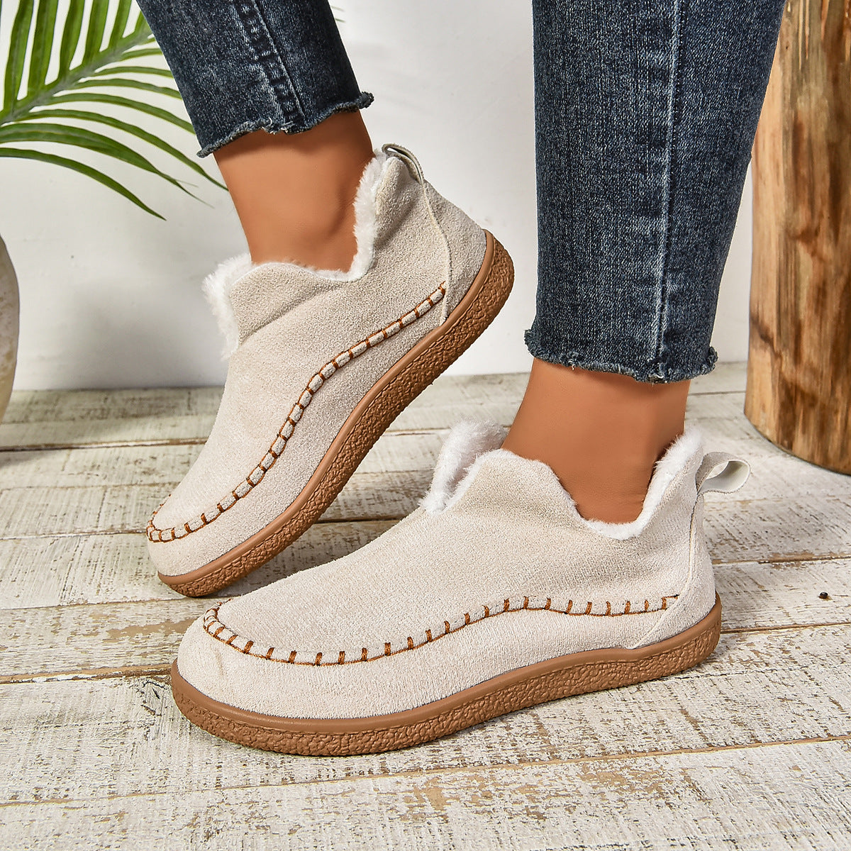 Warme, gefütterte Slip-On Stiefeletten mit rutschfester dicker Sohle