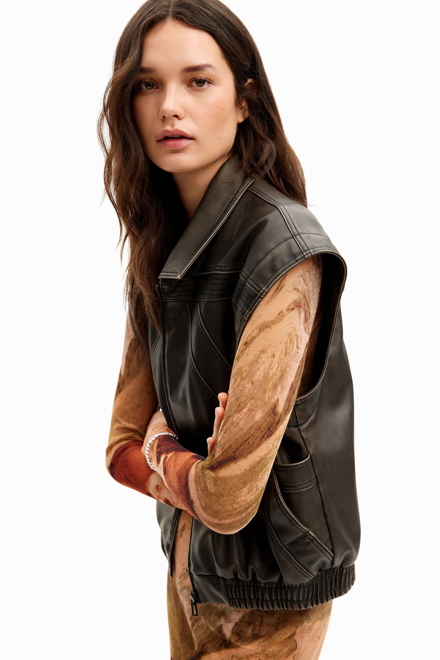 Leather-effect detachable sleeve jacket