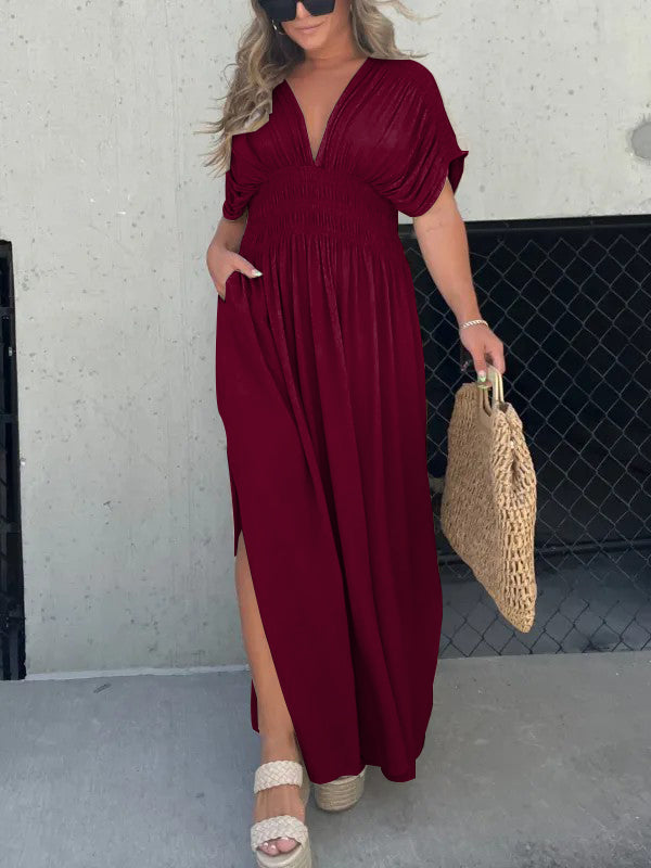 Neues, leichtes Maxikleid mit Schlitz und V-Ausschnitt (2 kaufen, kostenloser Versand)