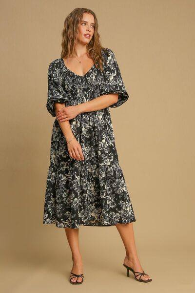 Umgee Rüschensaum Blumenbedrucktes V-Ausschnitt-Kleid