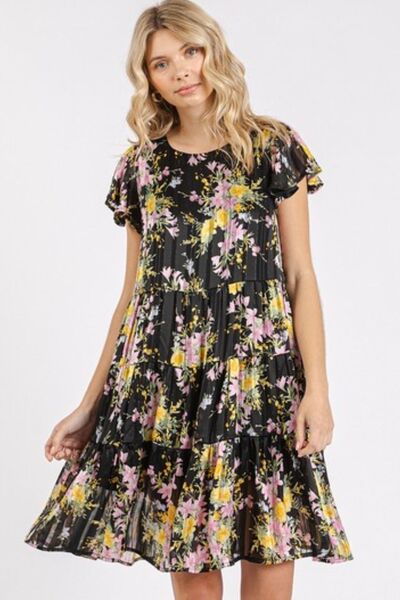 Mittoshop Blumenmuster Rundhals-Kleid mit flatternden Ärmeln und Stufenrock