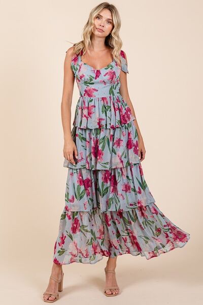Mittoshop Layered Floral Sweetheart Neck Maxikleid