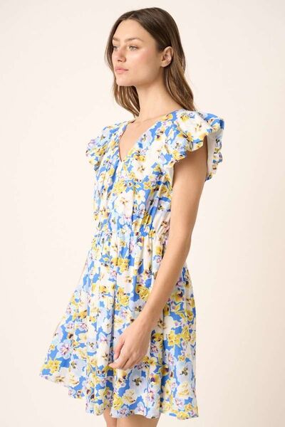 Mittoshop Blumenmuster V-Ausschnitt Flügelärmel Minikleid