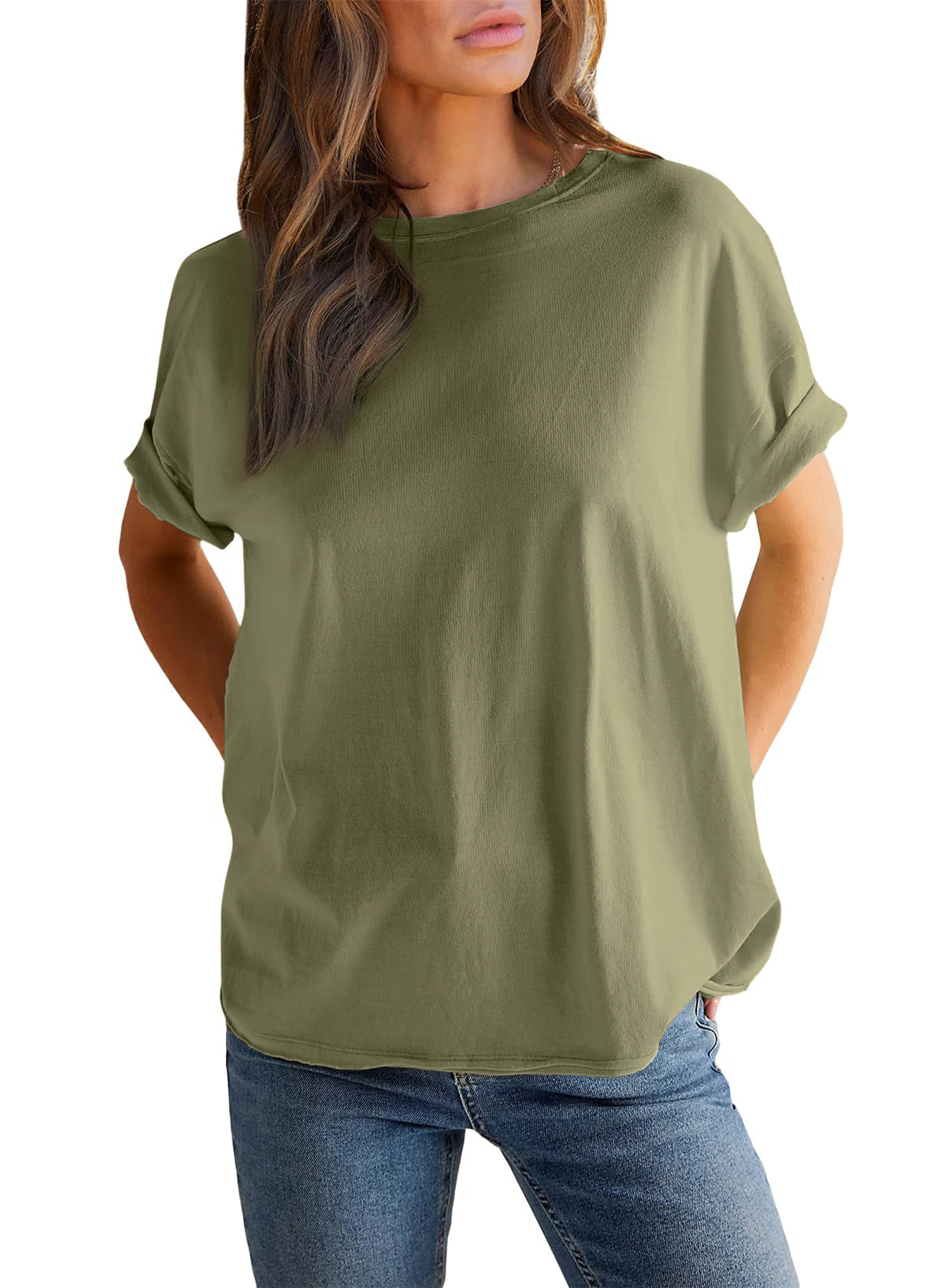 Einfarbiges Damen-Rundhals-Kurzarm-T-Shirt (2 kaufen, kostenloser Versand)