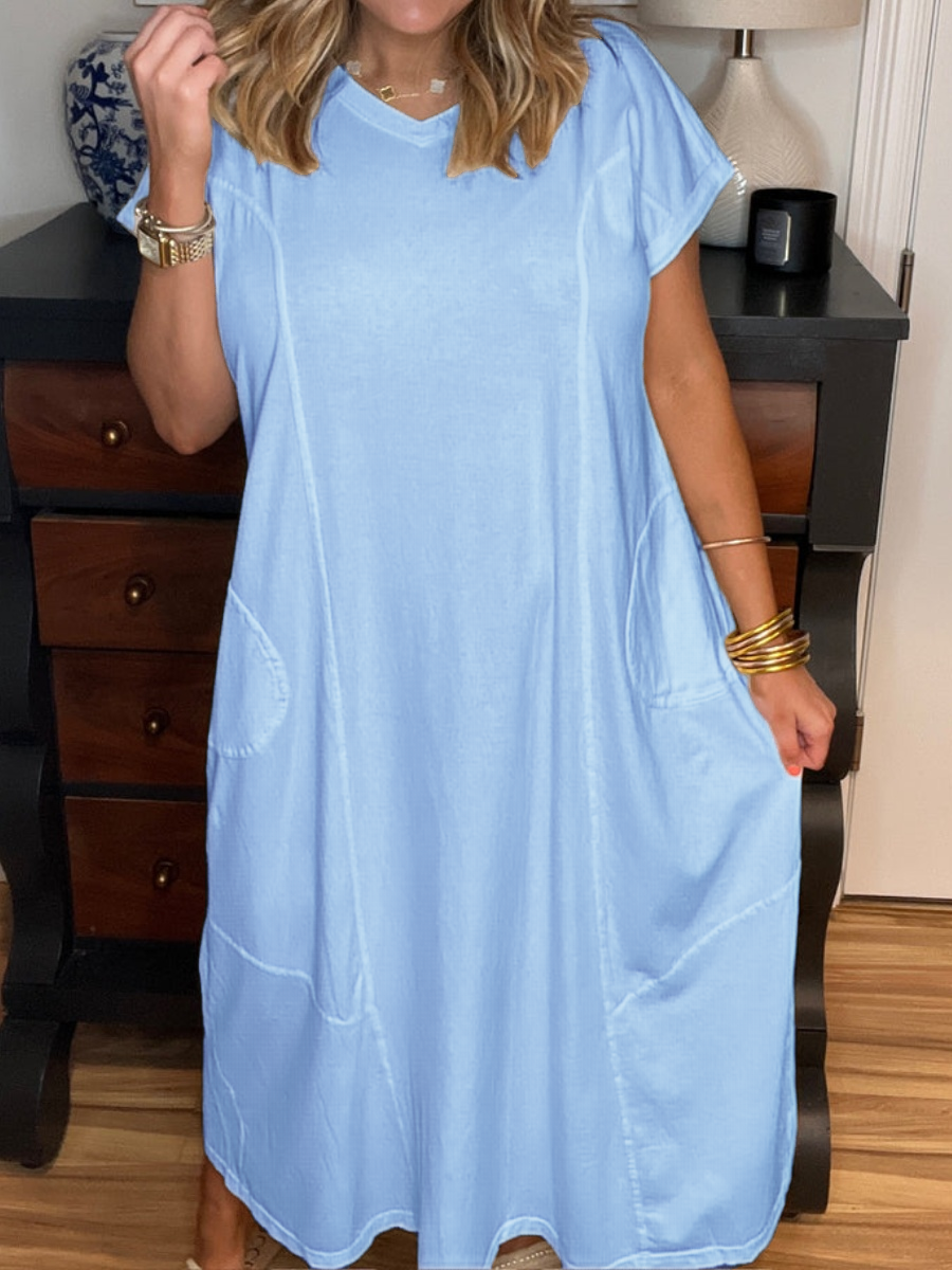 Damen Maxikleid mit kurzen Ärmeln und Taschen (2 kaufen, kostenloser Versand)