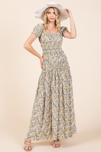 Mittoshop Maxikleid mit Blumenmuster, Puffärmeln und Raffungen