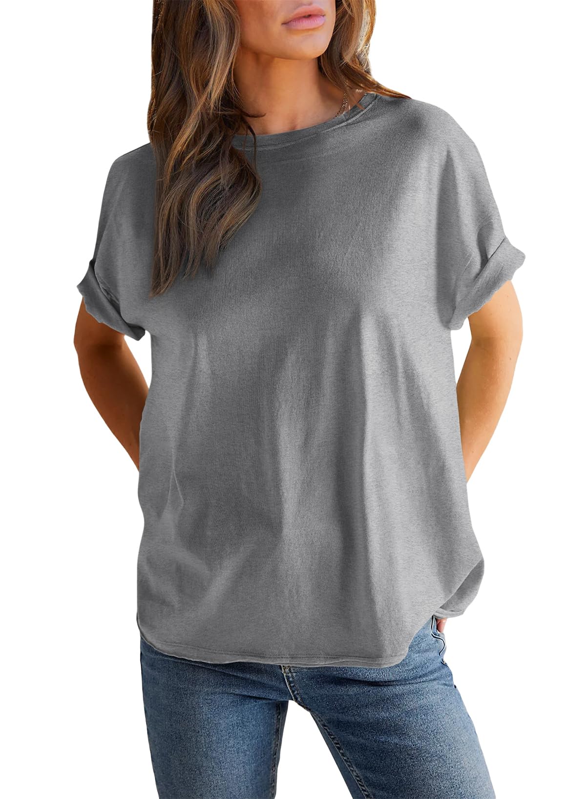 Einfarbiges Damen-Rundhals-Kurzarm-T-Shirt (2 kaufen, kostenloser Versand)