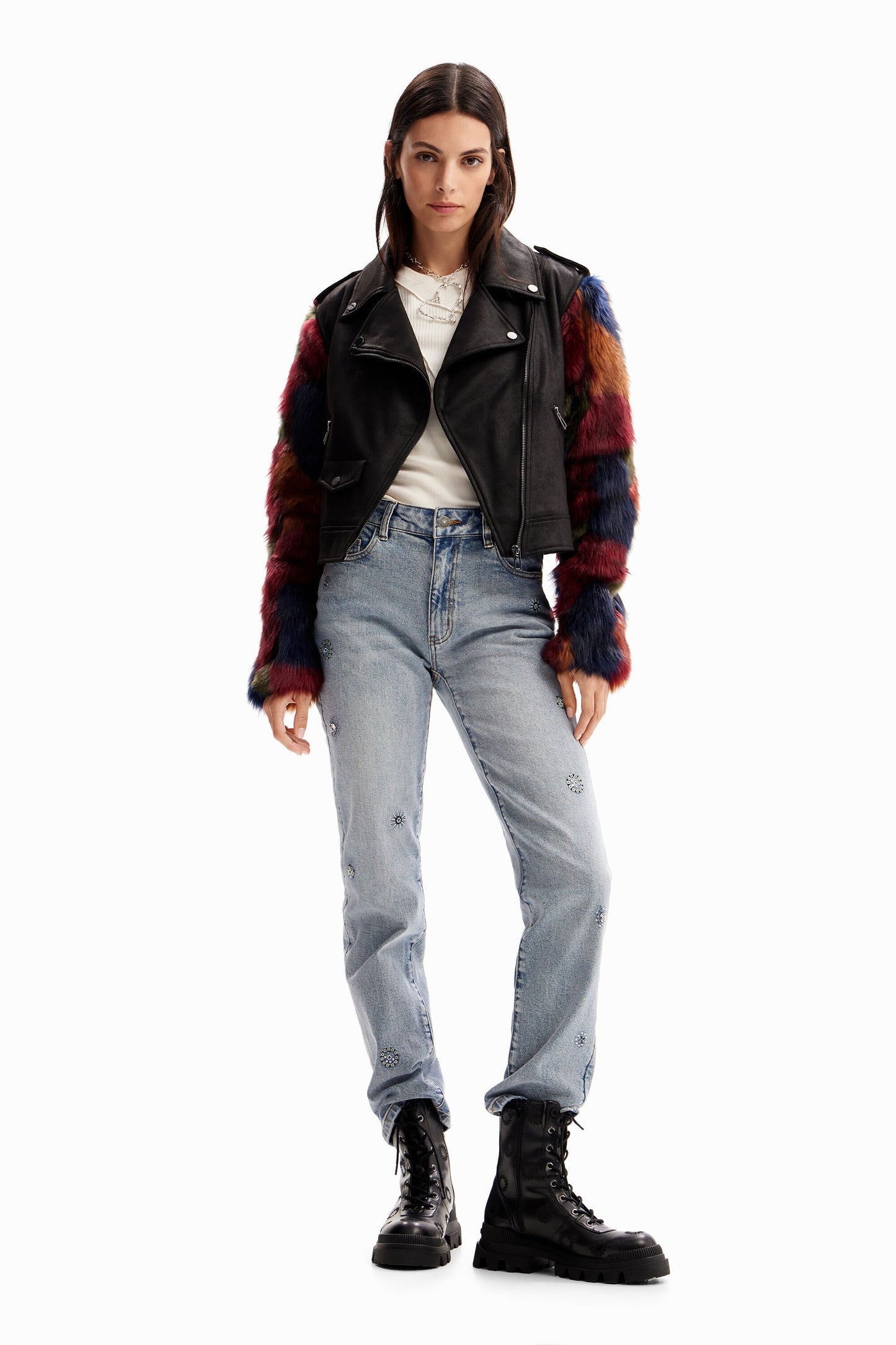 Detachable fur-effect biker jacket
