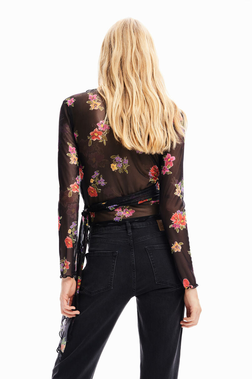 Wrap floral tulle blouse