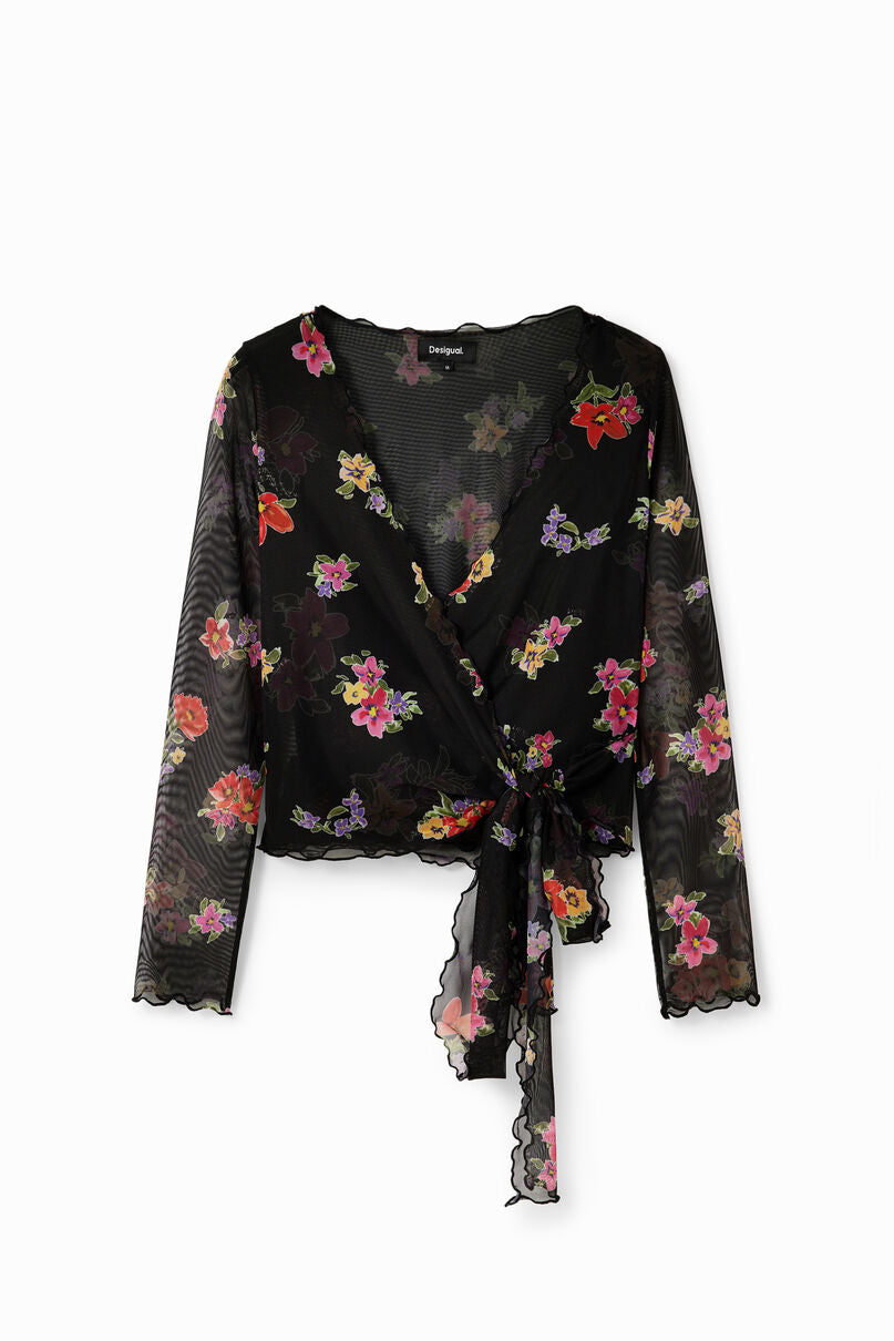 Wrap floral tulle blouse