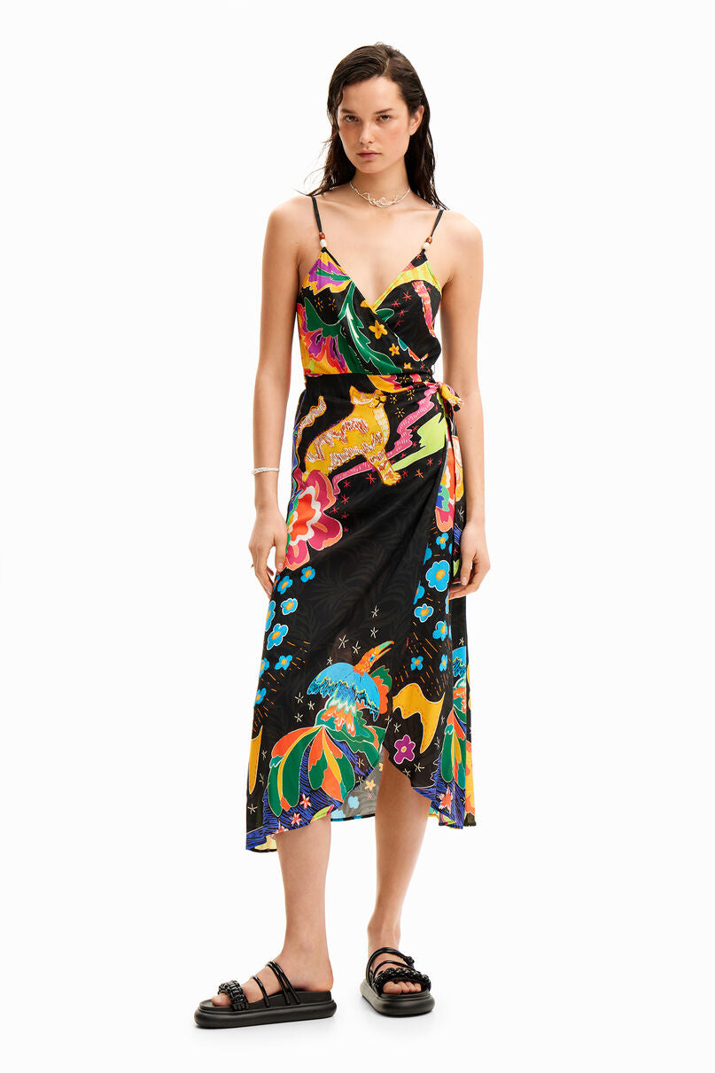 Jungle design wrap midi dress
