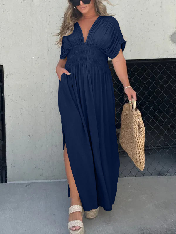 Kleid mit V-Ausschnitt, Schlitz und geraffter Taille (2 kaufen, kostenloser Versand)