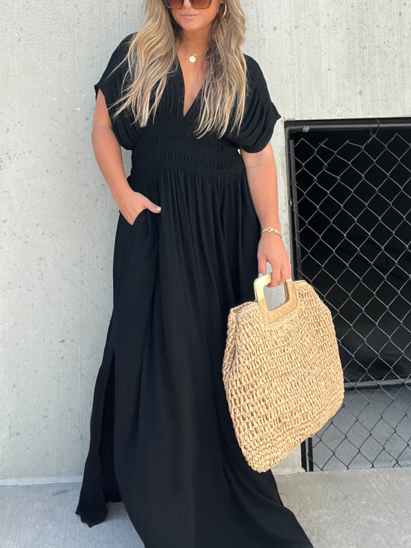 Kleid mit V-Ausschnitt, Schlitz und geraffter Taille (2 kaufen, kostenloser Versand)
