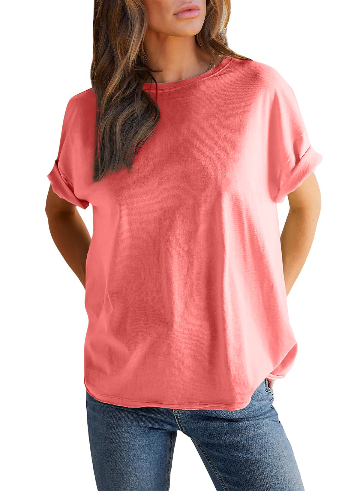 Einfarbiges Damen-Rundhals-Kurzarm-T-Shirt (2 kaufen, kostenloser Versand)