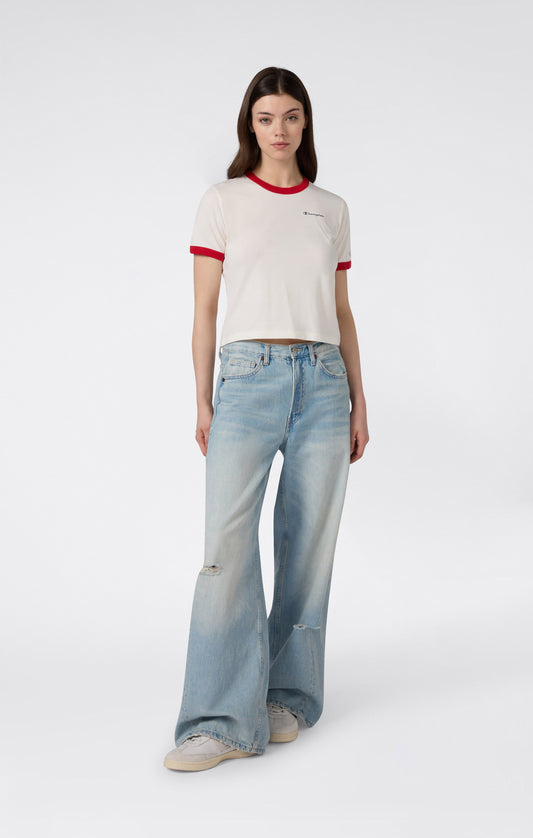 Kurzes Damen-Ringer-T-Shirt mit Grafikprint