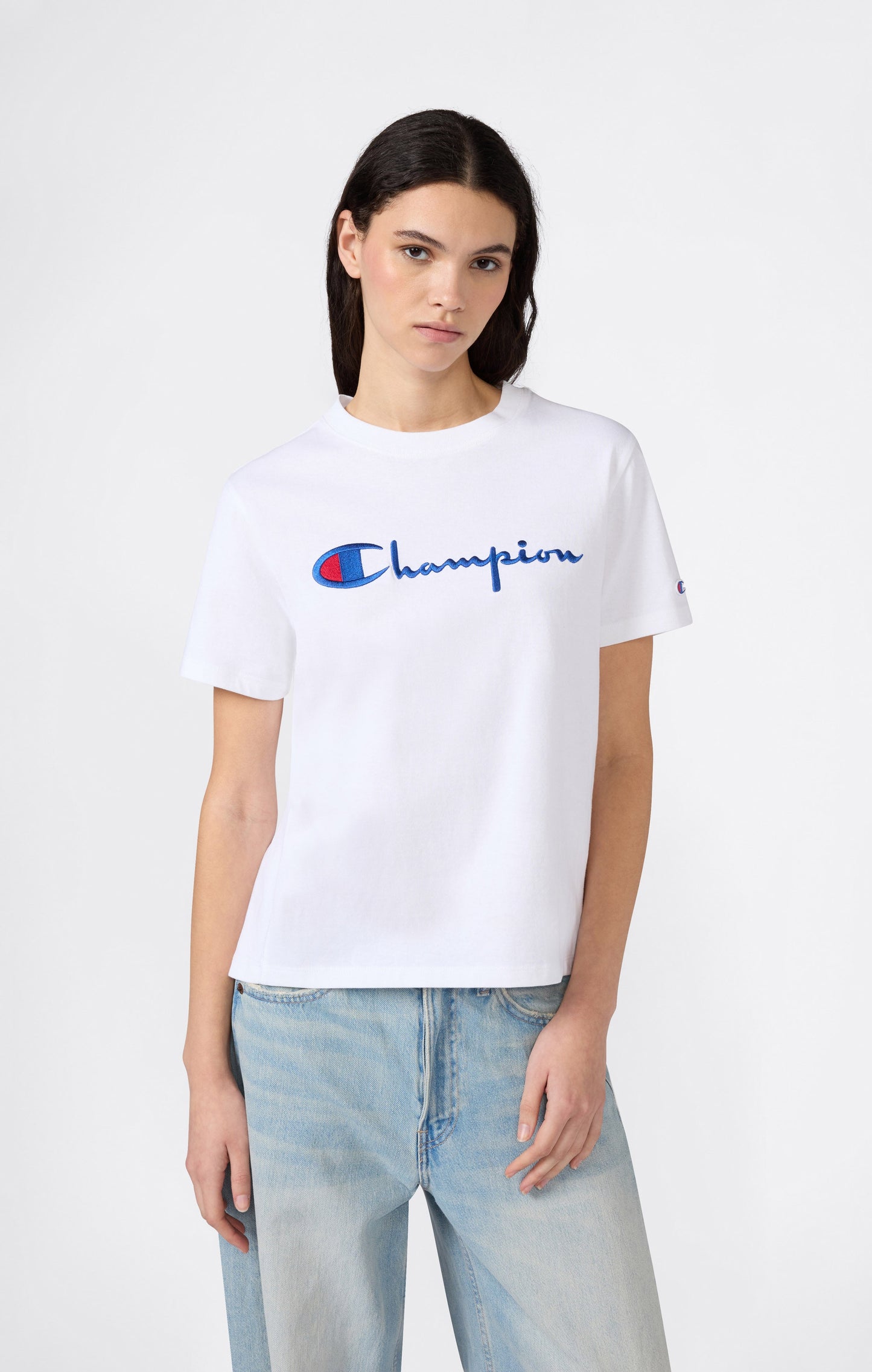 Women's Reverse Weave Crewneck T-Shirt with Embroidered Logo