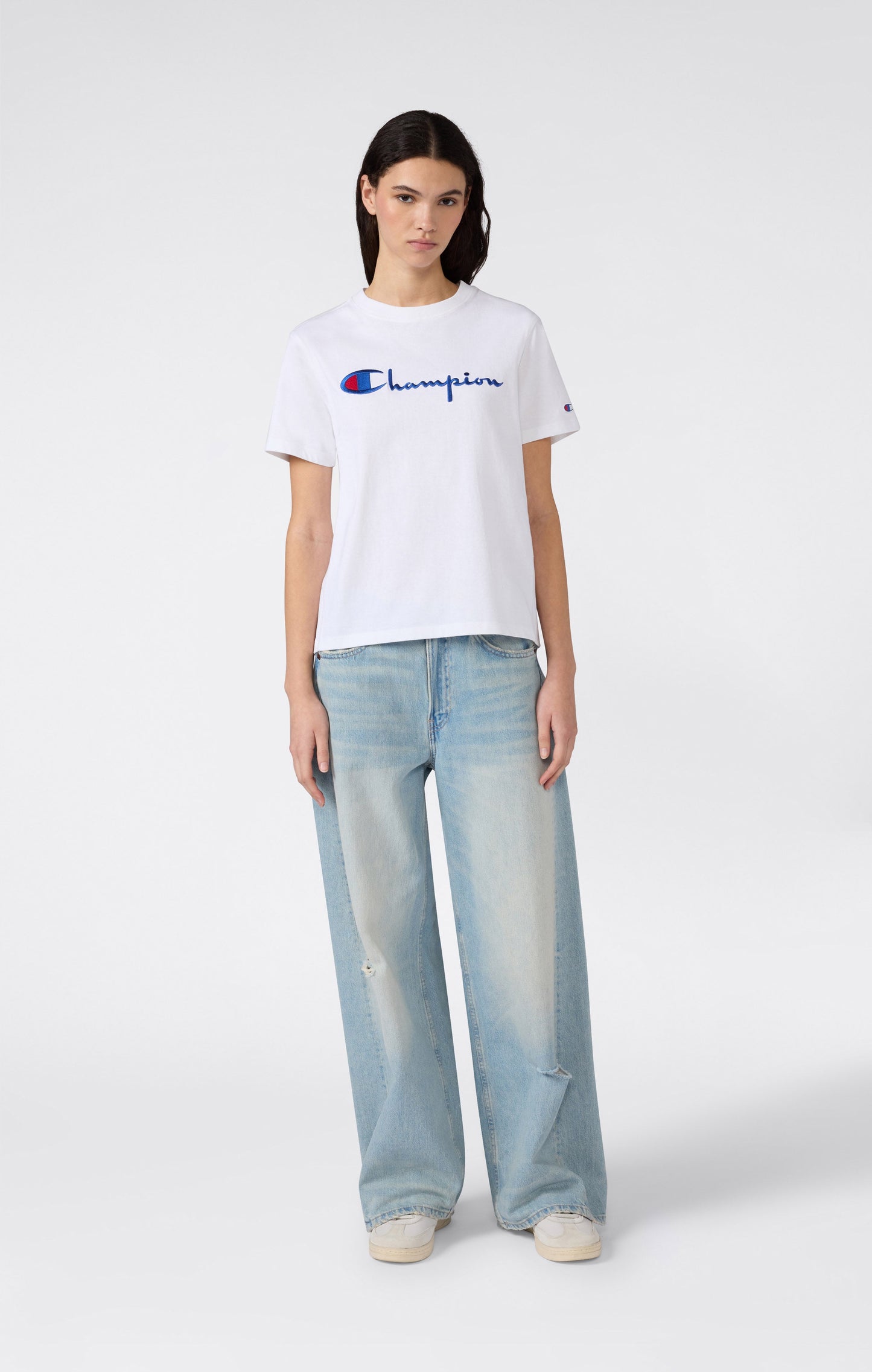 Women's Reverse Weave Crewneck T-Shirt with Embroidered Logo