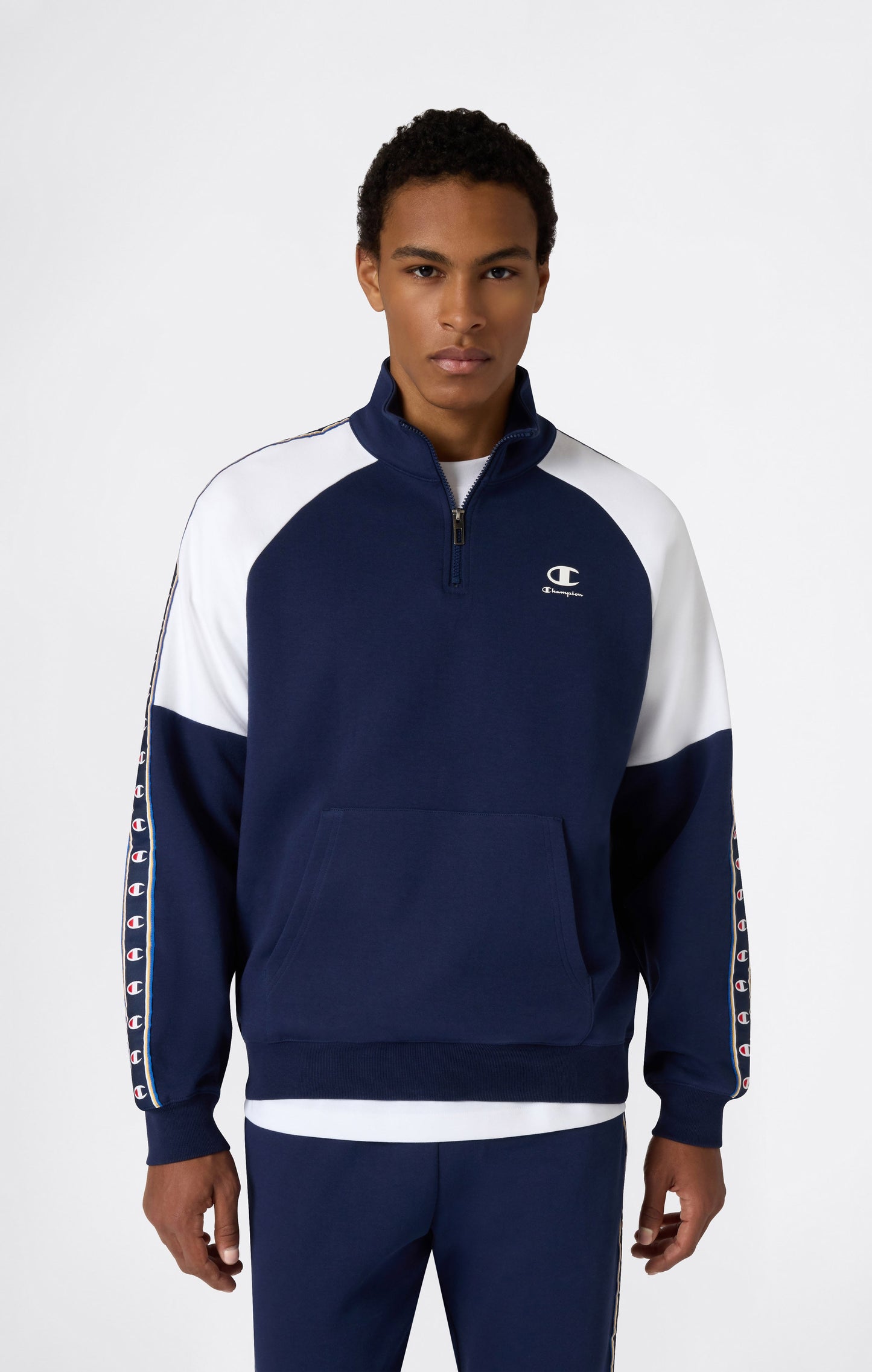 Herren-Interlock-Sweatshirt mit halbem Reißverschluss und Logo-Band