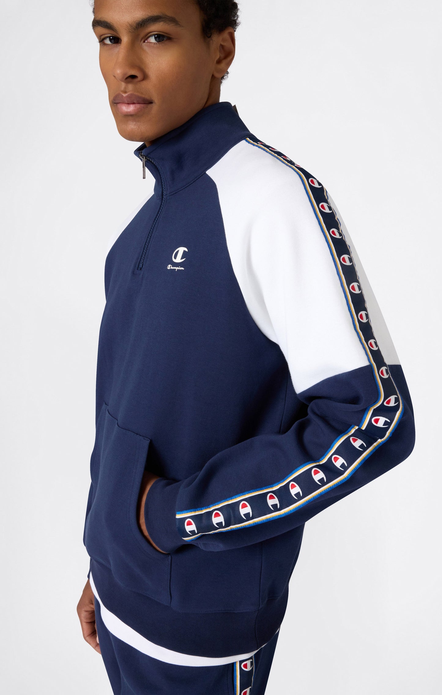 Herren-Interlock-Sweatshirt mit halbem Reißverschluss und Logo-Band