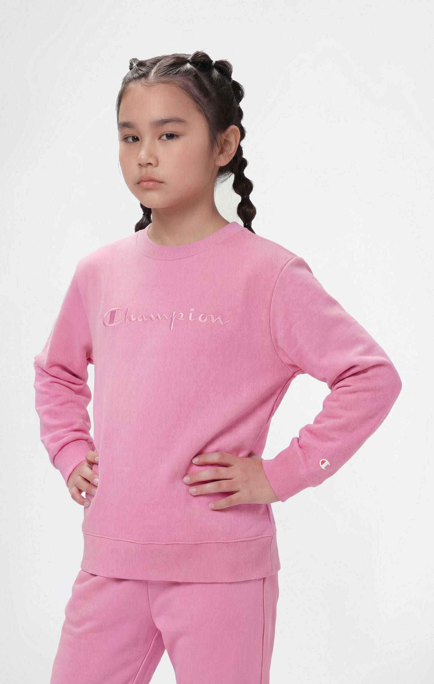Mädchen-Sweatshirt mit Rundhalsausschnitt aus leichter Baumwolle und gestickten Maxi-Logo-Icons in Ton-in-Ton-Optik