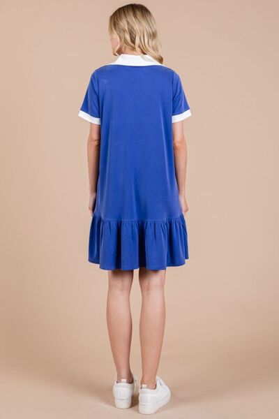 Ces Femme Kleid mit Johnny-Kragen, Rüschensaum und kurzen Ärmeln