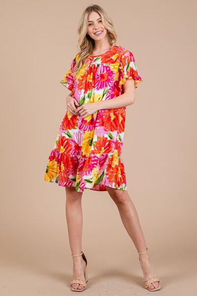 Ces Femme Geblümtes Rüschen-Kurzarmkleid
