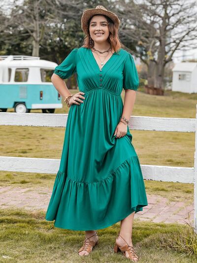 Große Größen V-Ausschnitt Kurzarm Rüschensaum Kleid