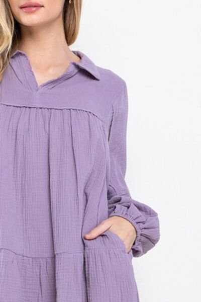 Ces Femme Johnny Collar Ballonärmel Minikleid