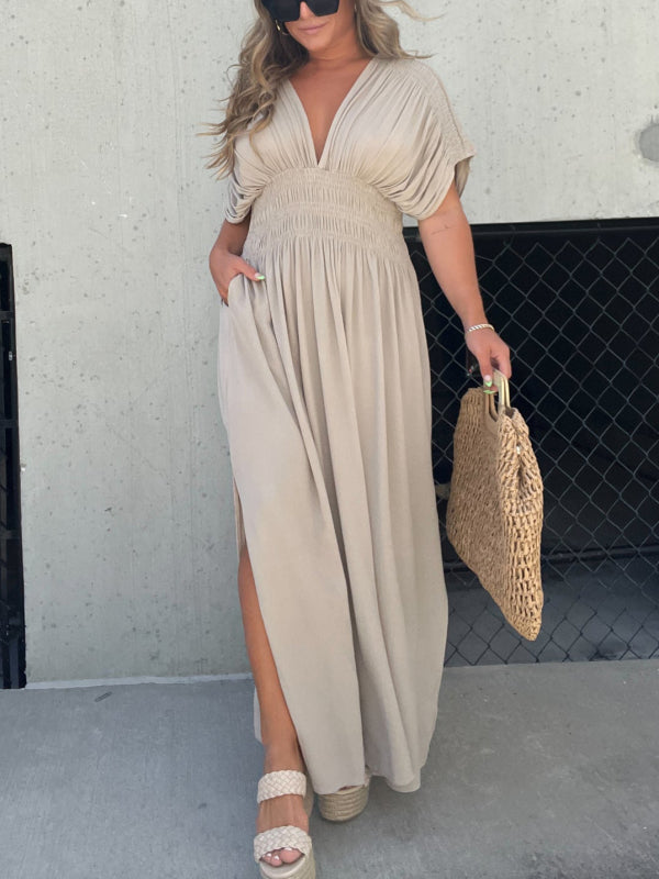 Kleid mit V-Ausschnitt, Schlitz und geraffter Taille (2 kaufen, kostenloser Versand)