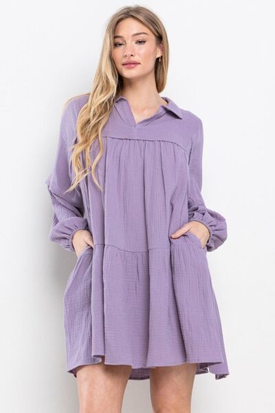 Ces Femme Johnny Collar Ballonärmel Minikleid