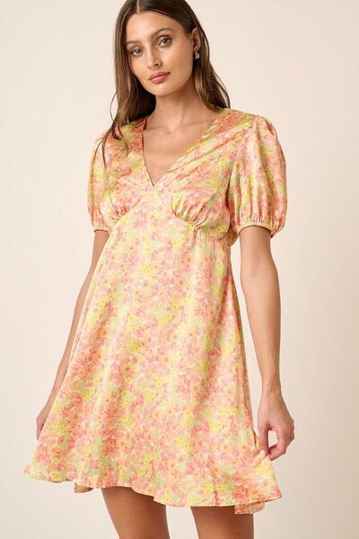 Mittoshop Bedrucktes V-Ausschnitt Puffärmel Minikleid