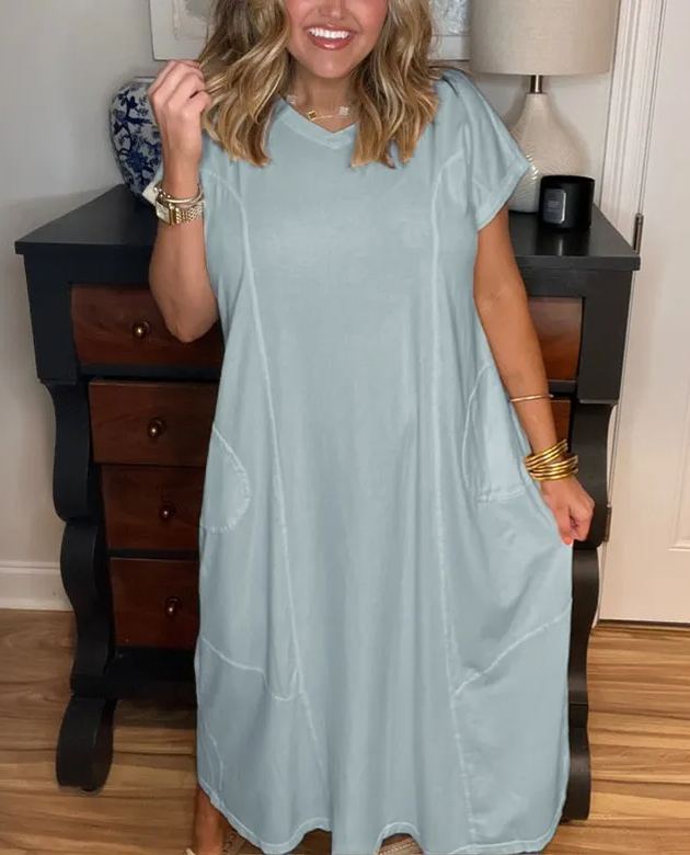 Damen Maxikleid mit kurzen Ärmeln und Taschen (2 kaufen, kostenloser Versand)
